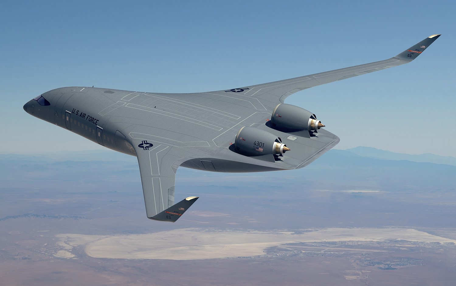 The JetZero Z4 in United States Air Force Livery in flight over the Mojave desert